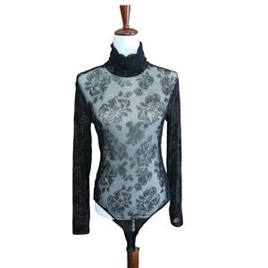 Black Lace  Floral Bodysuit Long Sleeve Rose Dark Romantic Sheer Mesh  USA L
